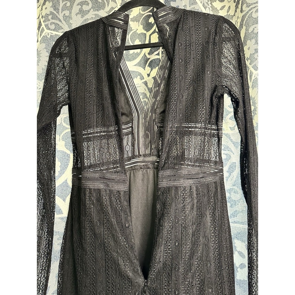 Lucy Wang Sexy Size M Black Lace V Neck Long Sleeve Mini Dress W/ Skirt Liner